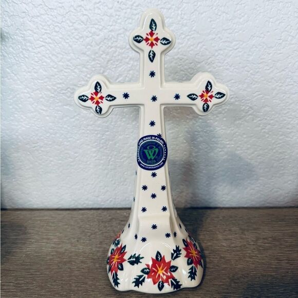 Boleslawiec Polish Pottery Poinsettia Ceramic Cross Christmas Statue - Picture 2 of 4